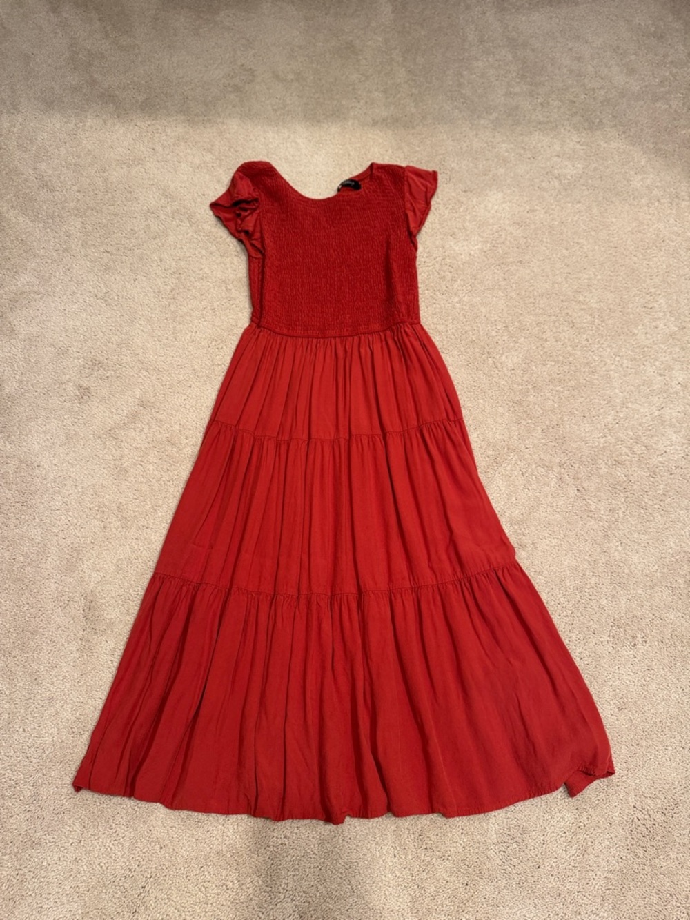 Red Midi Tiered Dress with Smocked Bodice